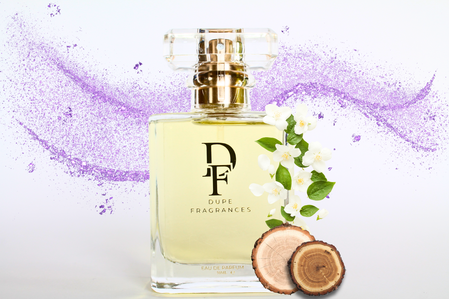 50ml dupe fragrances perfume Cosmic Aura inspired by Alien by Thierry Mugler. Clear bottle gold label on background purple glitter, jasmine, cashmere wood