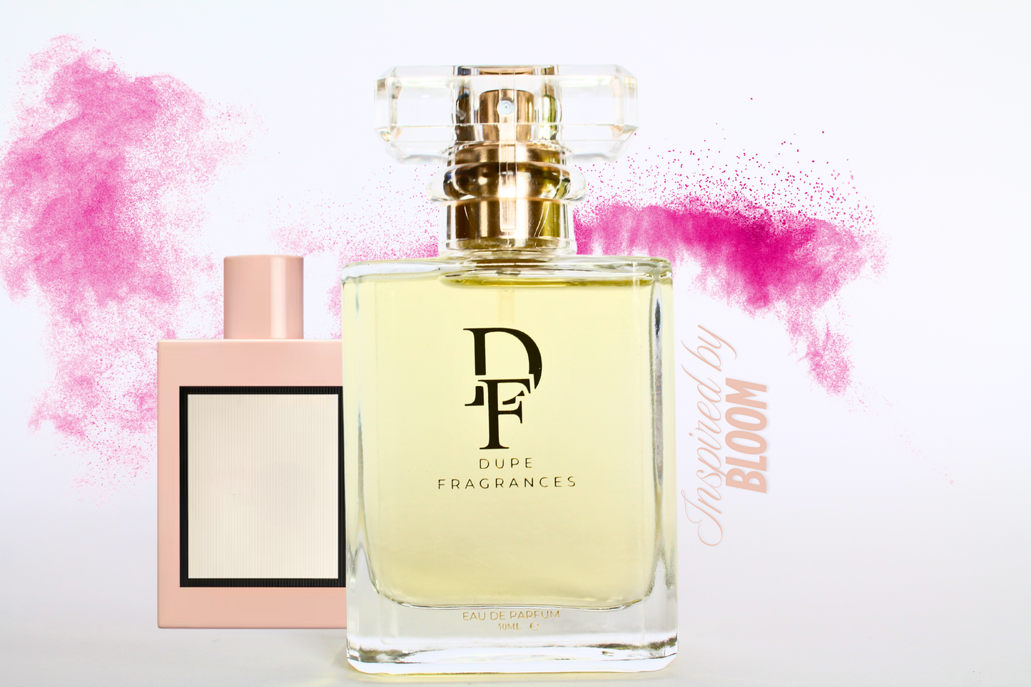 50ml dupe fragrances perfume Floral Reverie inspired by Gucci Bloom. Clear bottle with gold label on background of pink mist