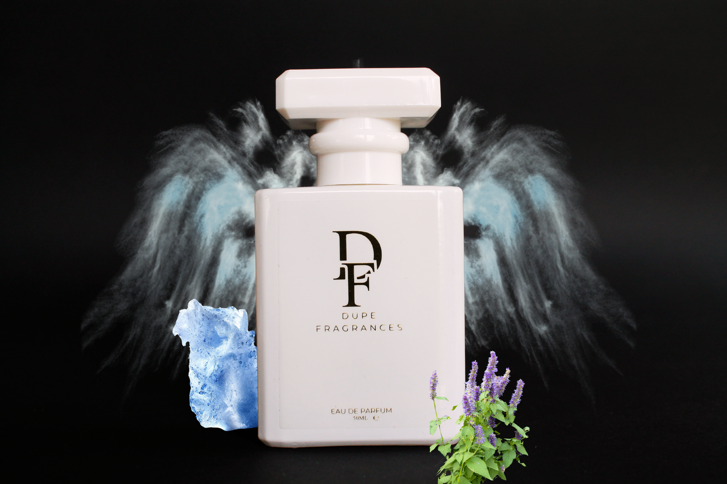 50ml dupe fragrances perfume Celestial Aura inspired by Angel by Thierry Mugler. White bottle gold label blue diamond and angel wings