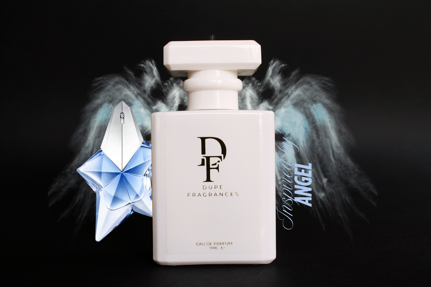 50ml dupe fragrances perfume Celestial Aura inspired by Angel by Thierry Mugler. White bottle gold label blue diamond and angel wings