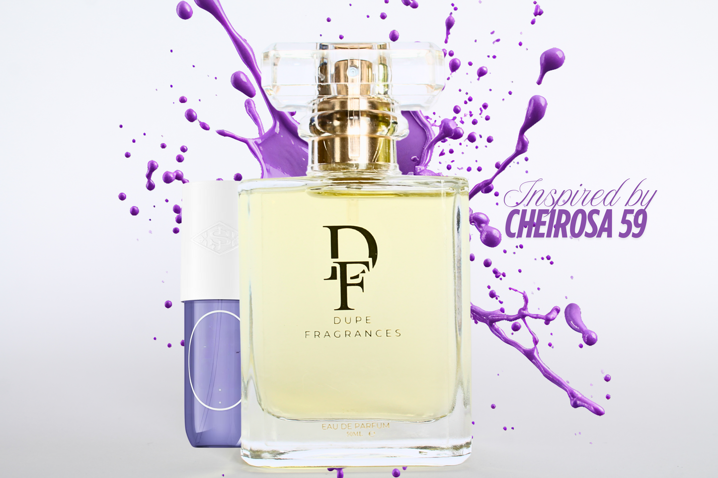 50ml dupe fragrances perfume Solar Drip inspired by Cheirosa 59 by Sol de Janeiro. Clear bottle on background with purple splash