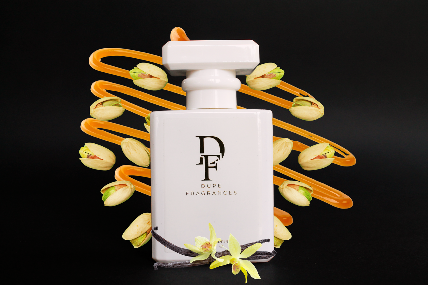 50ml dupe fragrances perfume Tropical Glow inspired by Brazilian Bum Bum by Sol de Janeiro. White bottle, gold label on background of gold sparkles, caramel swirl, vanilla, and pistachios