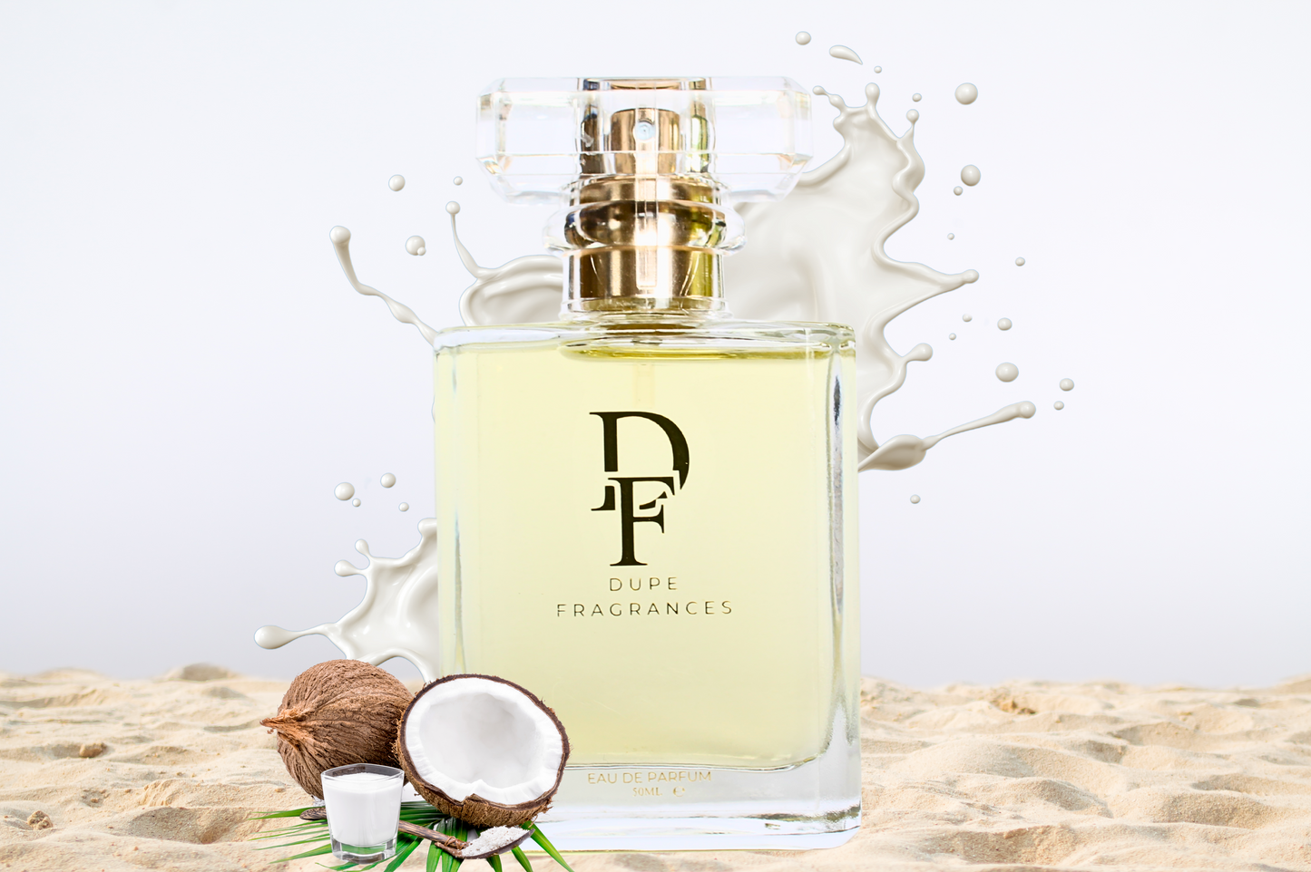 50ml Dupe Fragrances perfume Beach Crush inspired by Cheirosa 87 by Sol De Janiero. Clear bottle on beach sand with coconut milk splash in the background