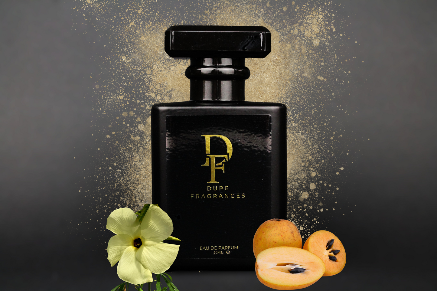 50ml dupe fragrances perfume Desert Mirage inspired by Mojave Ghost by Byredo. Black bottle gold label wiht brown spray background,