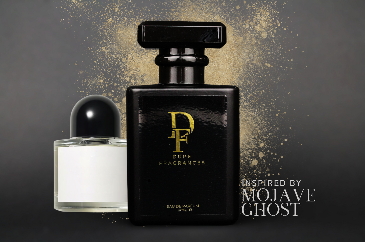 50ml dupe fragrances perfume Desert Mirage inspired by Mojave Ghost by Byredo. Black bottle gold label wiht brown spray background