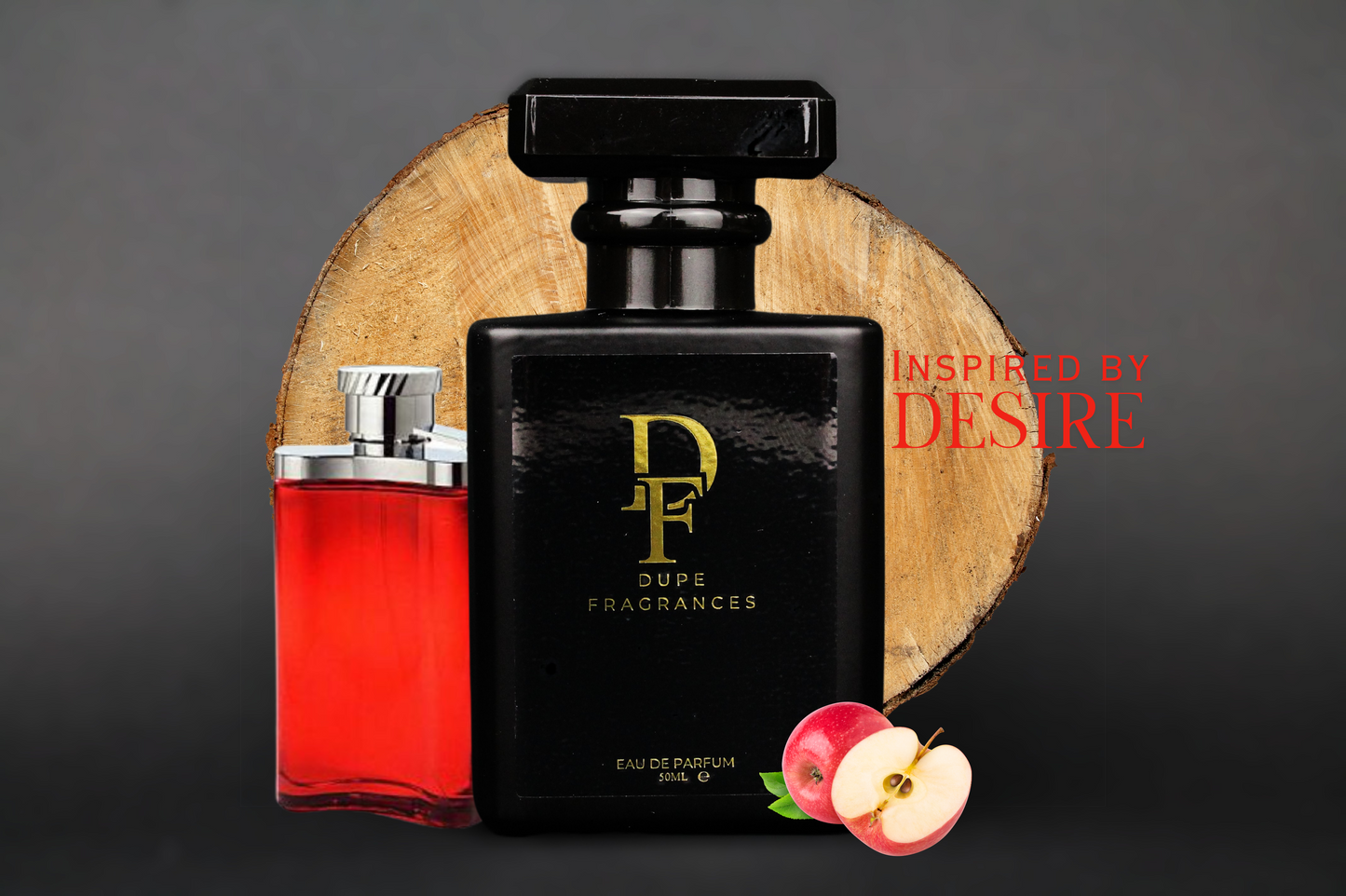 50ml dupe fragrances perfume Red Ember inspired by Desire by Dunhill. Black bottle on background of wood stump and apple