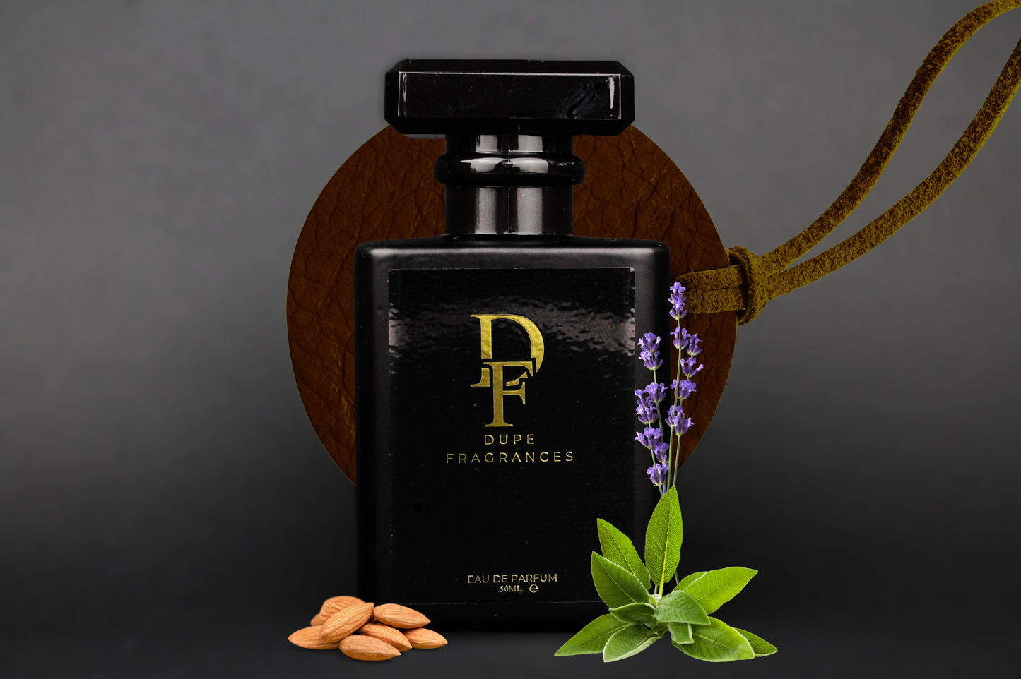 50ml black bottle gold label with leather background. dupe fragrances perfume F**king Wild inspired by Fucking Fabulous by Tom Ford. Tonka bean and lavender