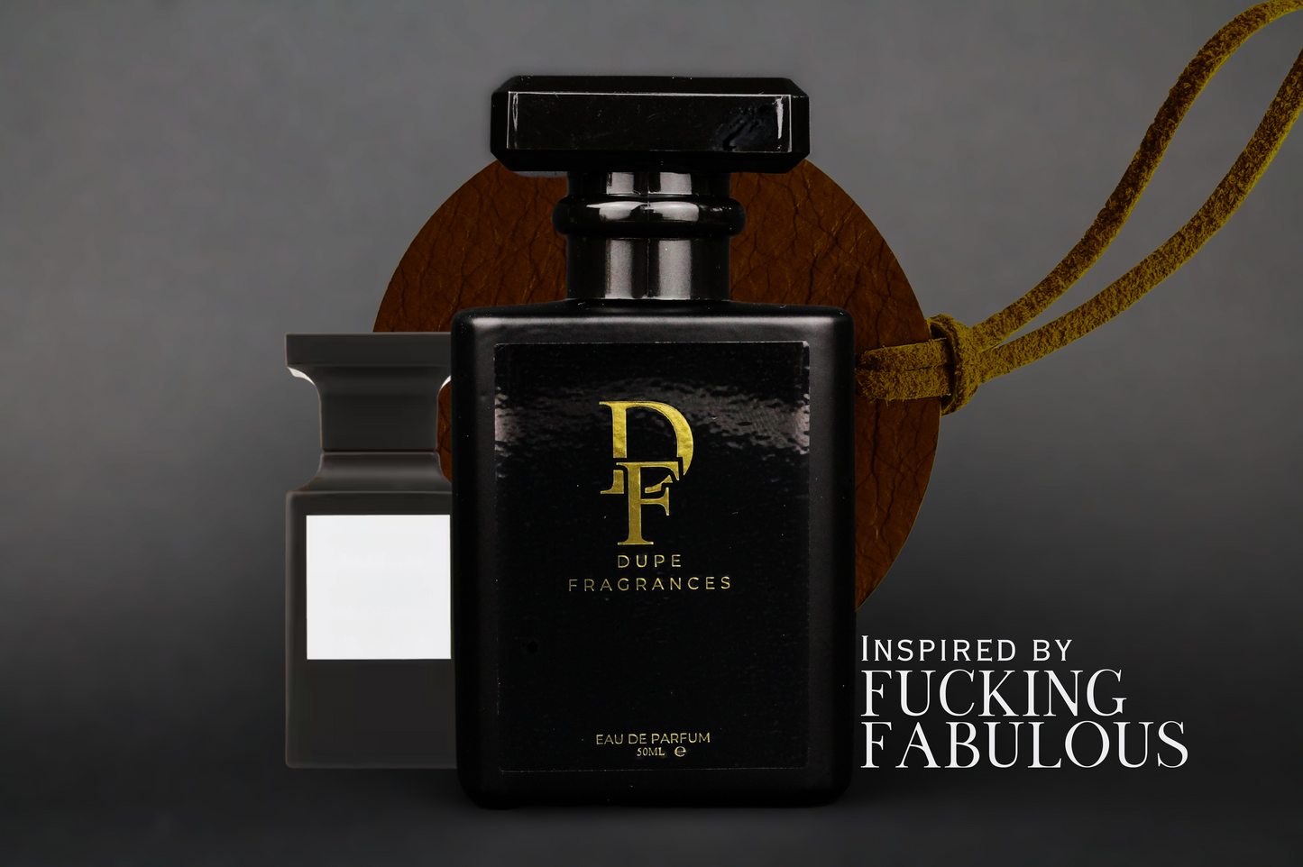 50ml black bottle gold label with leather background. dupe fragrances perfume F**king Wild inspired by Fucking Fabulous by Tom Ford