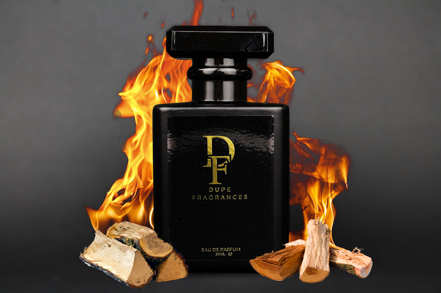50ml dupe fragrances perfume Fireside Serenity inspired by By the Fireplace by Maison Margiela. Black bottle gold label fire background with cedar wood
