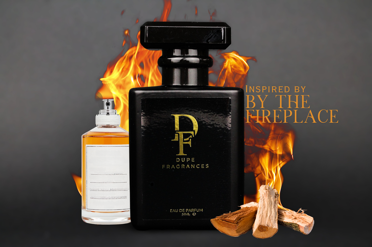 50ml dupe fragrances perfume Fireside Serenity inspired by By the Fireplace by Maison Margiela. Black bottle gold label fire background with cedar wood