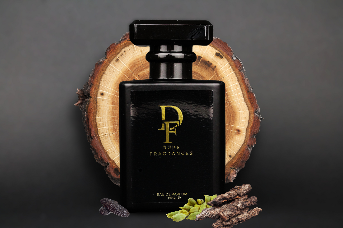 50ml dupe fragrances perfume Golden Oud inspired by Oud Wood by Tom Ford. Black bottle gold label on wood background