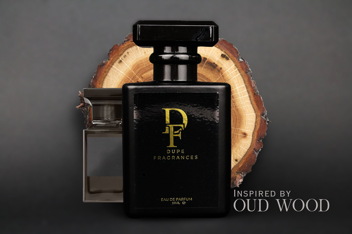 50ml dupe fragrances perfume Golden Oud inspired by Oud Wood by Tom Ford. Black bottle gold label on wood background