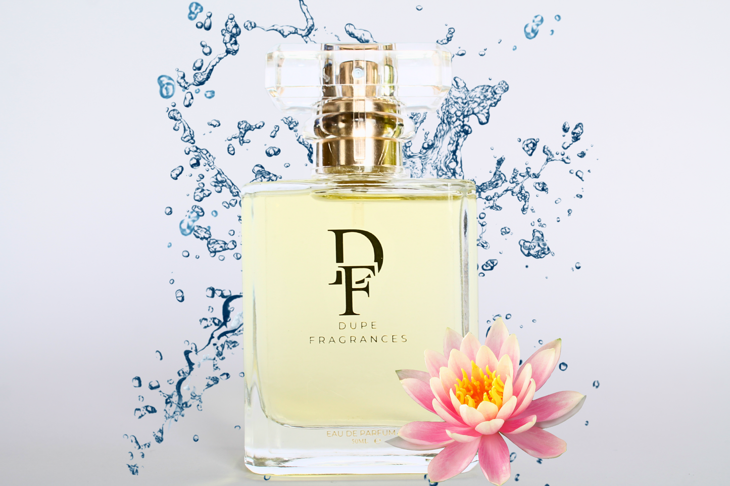 50ml dupe fragrances perfume Aquatic Dream inspired by L’Eau d’Issey by Issey Miyake. Clear bottle with gold label on background of blue water splash, lotus