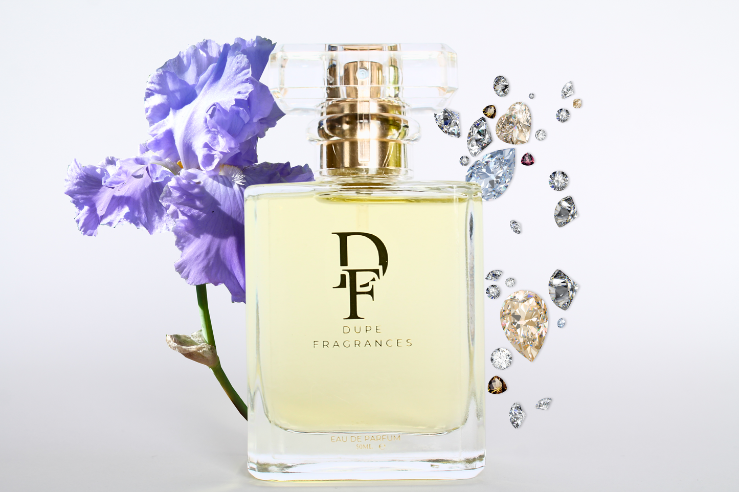 50ml dupe fragrances perfume Eternal Joy inspired by La Vie Est Belle by Lancôme. Clear bottle gold label on blue diamond background, and iris blossom