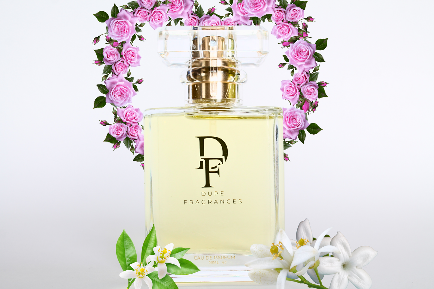 50ml Dupe Fragrances perfume Golden Letters inspired by Love Story by Chloe. Clear bottle with gold label on background with roses.