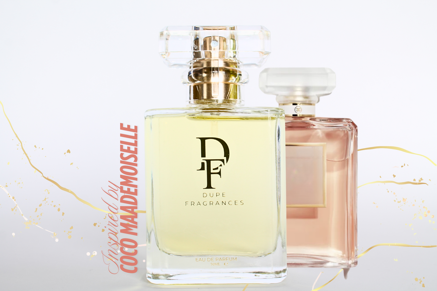 50ml dupe fragrances perfume Parisian Charm inspired by Coco Mademoiselle by Chanel. Clear bottle gold label on background gold marble