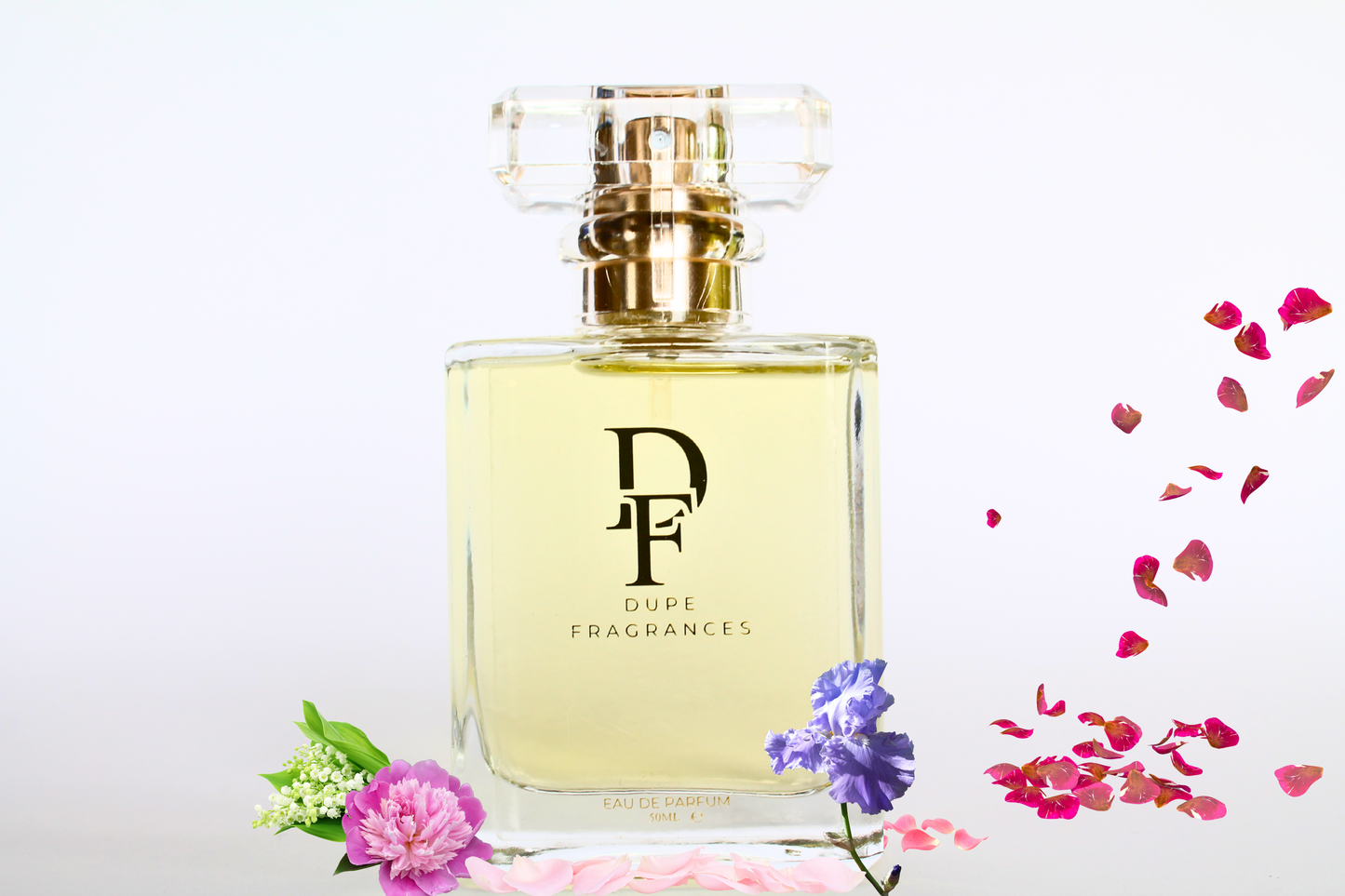 50ml dupe fragrances perfume Classic Chic inspired by Miss Dior by Christian Dior. Clear bottle gold label on background of red petals, iris , rose
