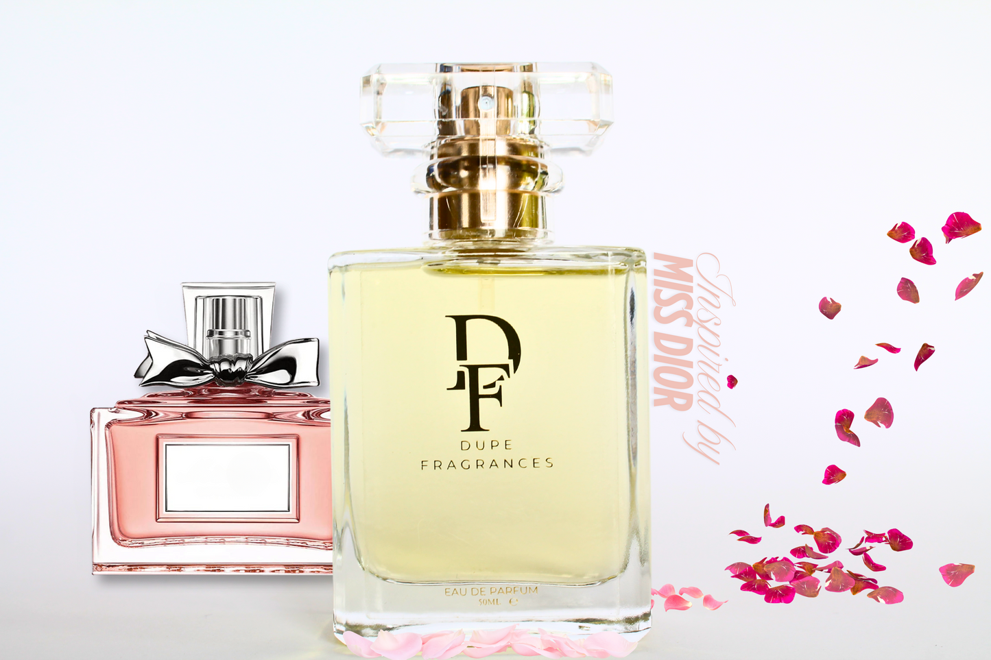 50ml dupe fragrances perfume Classic Chic inspired by Miss Dior by Christian Dior. Clear bottle gold label on background of red petals