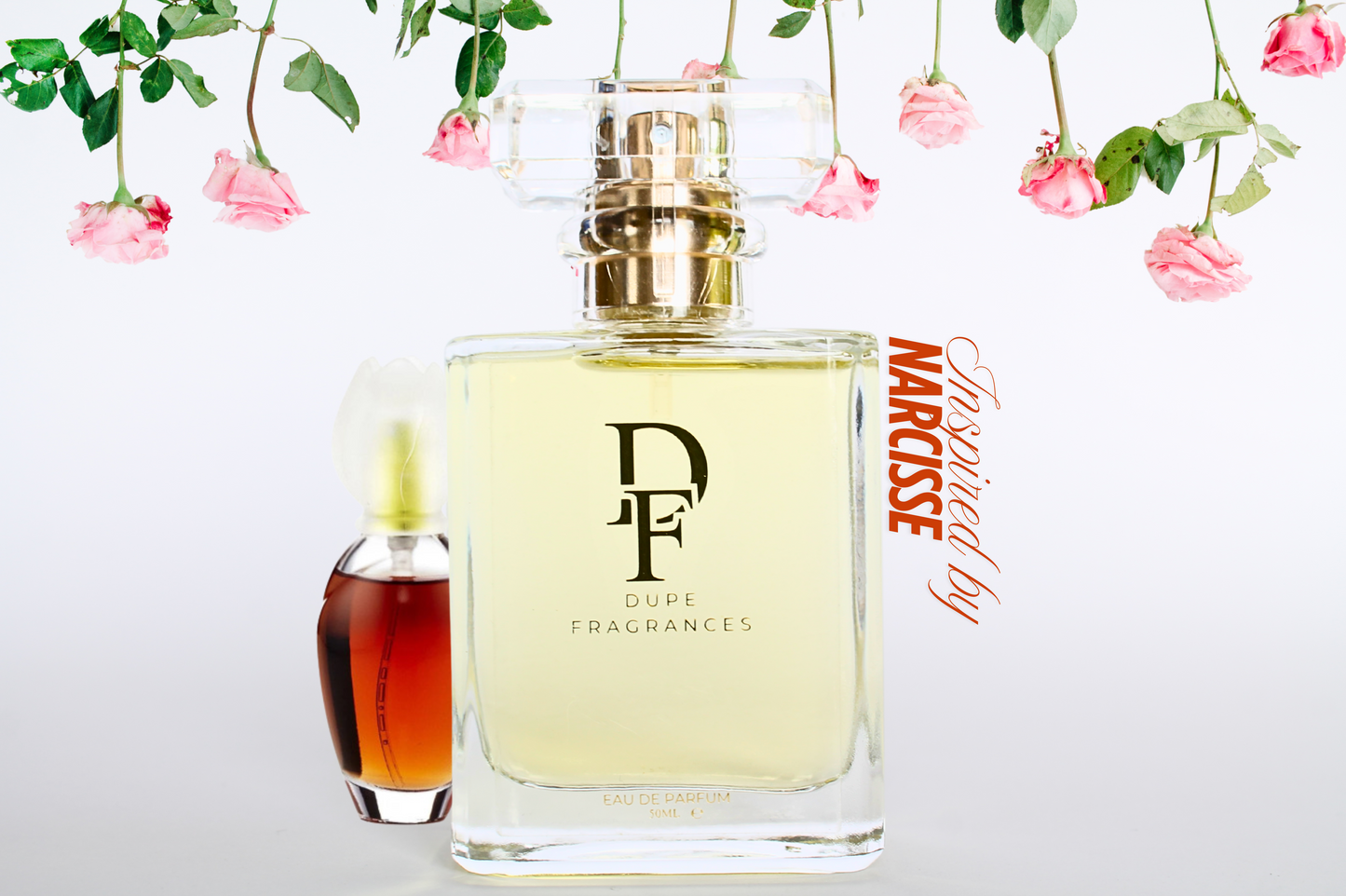 50ml Dupe Fragrances perfume Velvet Petal inspired by Narcisse by Chloe. Clear bottle on background of roses.
