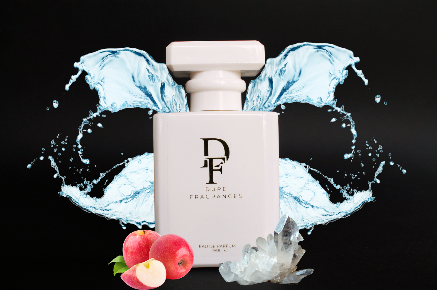 50ml dupe fragrances perfume fresh crush inspired by ralph by ralph lauren. White bottle with gold label on background of blue water splash
