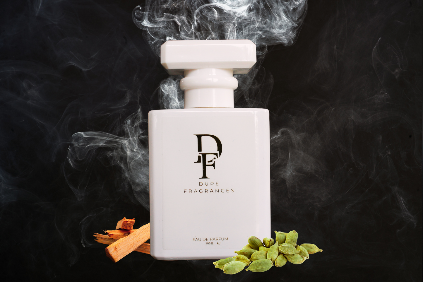 50ml Dupe Fragrances perfume Desert Nomad inspired by Santal 33 by Le Labo. white bottle gold label ono white smoke background, wood and cardamom