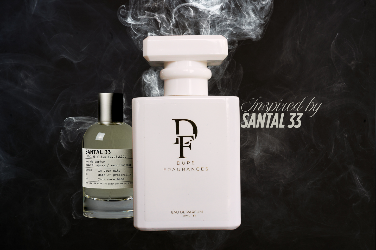 50ml Dupe Fragrances perfume Desert Nomad inspired by Santal 33 by Le Labo. white bottle gold label ono white smoke background