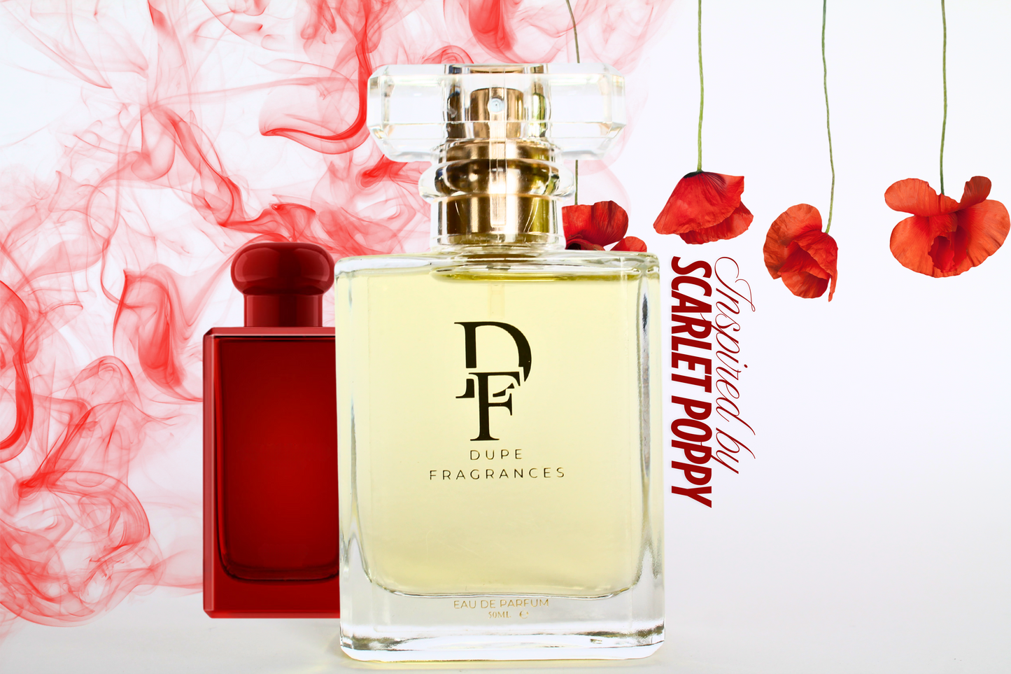 50ml dupe fragrances perfume Crimson Garden inspired by Scarlet Poppy by Jo Malone. Clear bottle gold label on background of red poppies