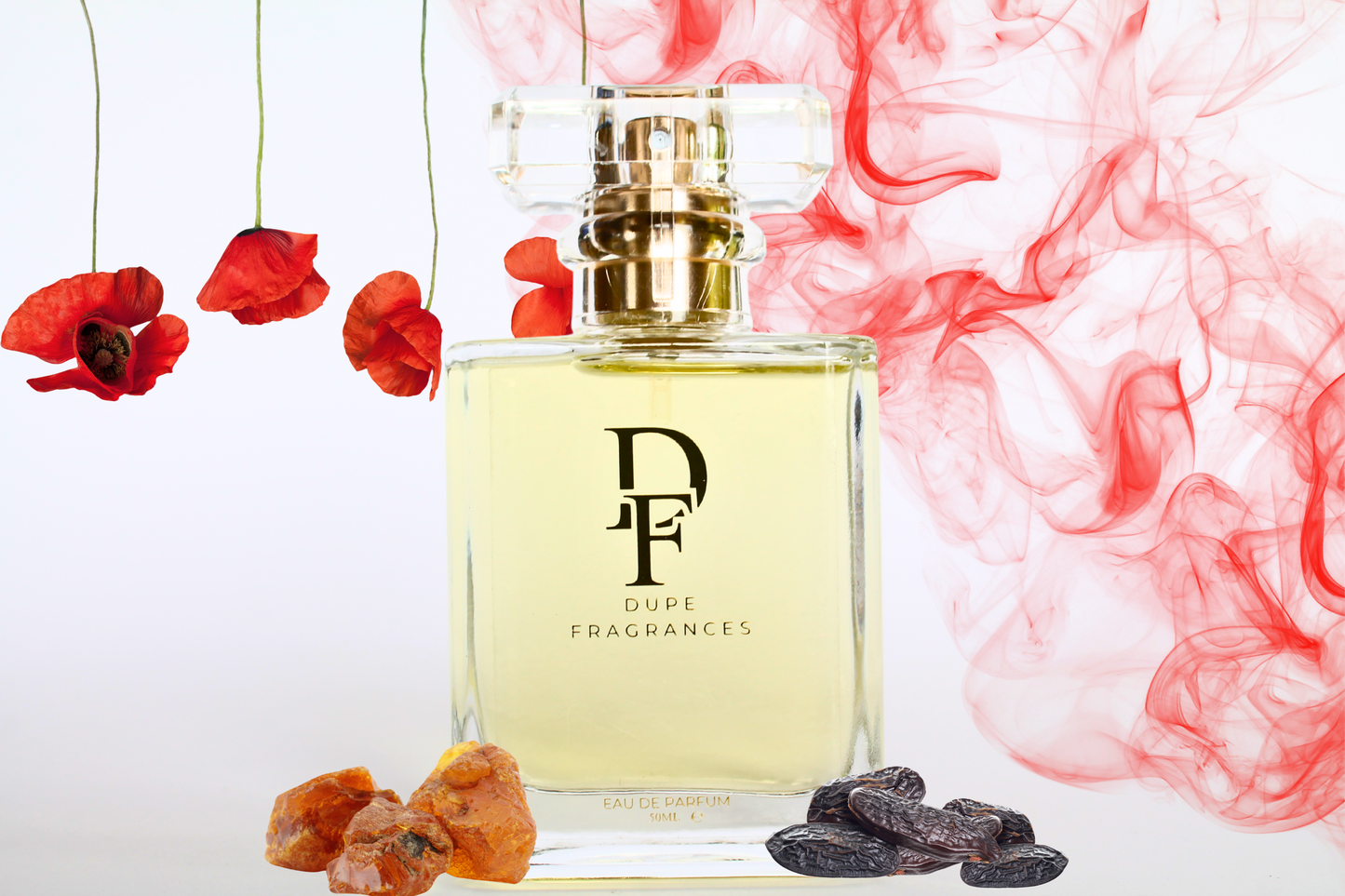 50ml dupe fragrances perfume Crimson Garden inspired by Scarlet Poppy by Jo Malone. Clear bottle gold label on background of red poppies amber and tonka beans