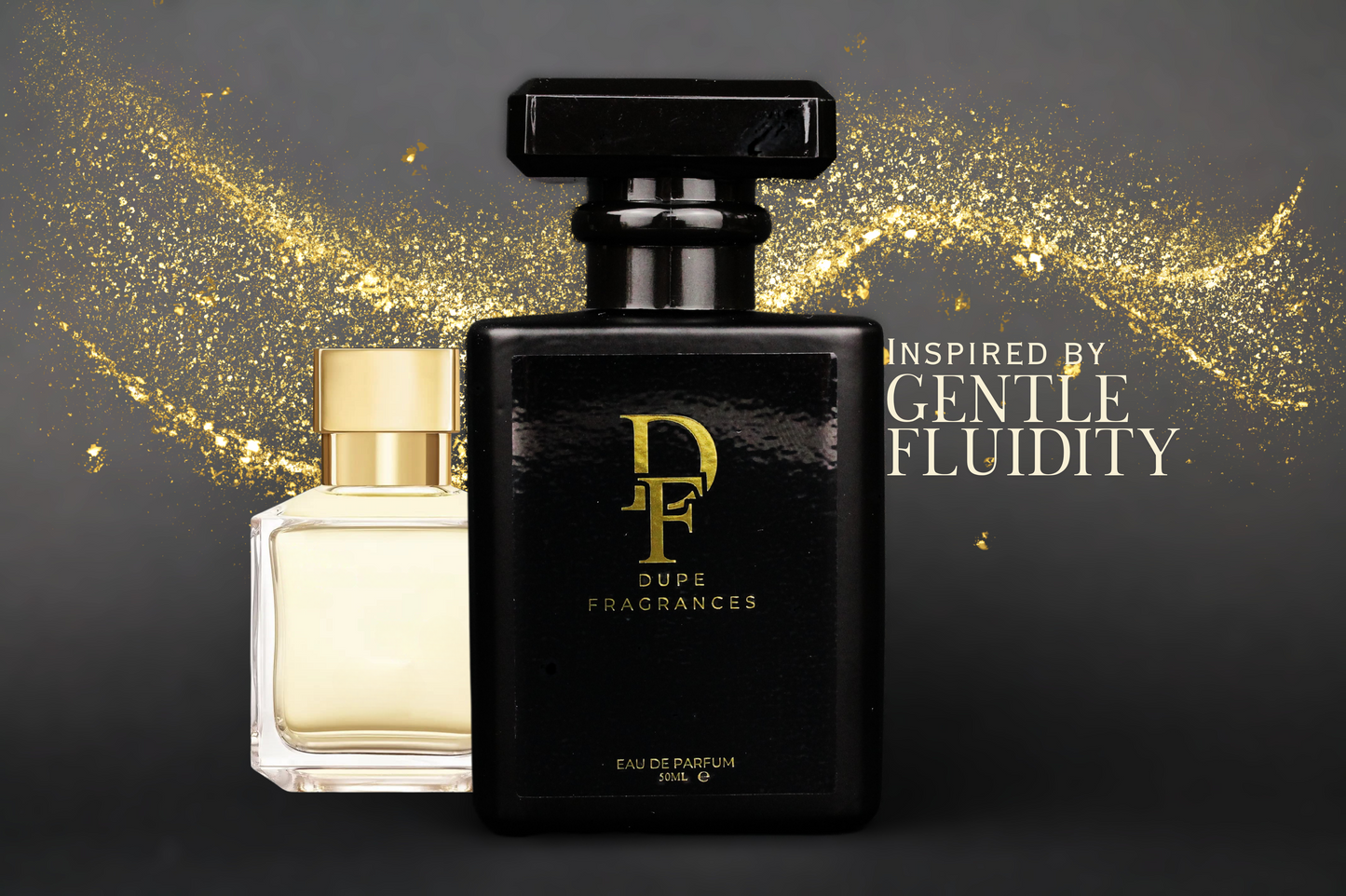 50ml dupe fragrances perfume Silver Stream inspired by Gentle Fluidity Silver by Maison Francis Kurkdjian. Black bottle gold label gold glitter background