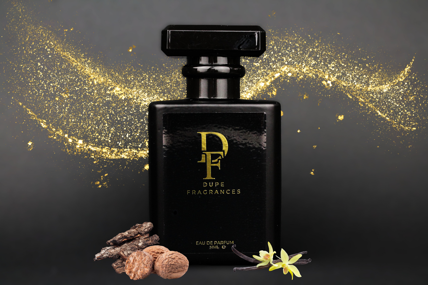 50ml dupe fragrances perfume Silver Stream inspired by Gentle Fluidity Silver by Maison Francis Kurkdjian. Black bottle gold label gold glitter vanilla beanbackground