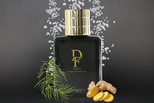 White_Current_inspired_by_Le_Sel_D_Issey_by_Issey_Miyake Perfume bottle with gold cap and 'DUPE Fragrances' branding on a dark background.