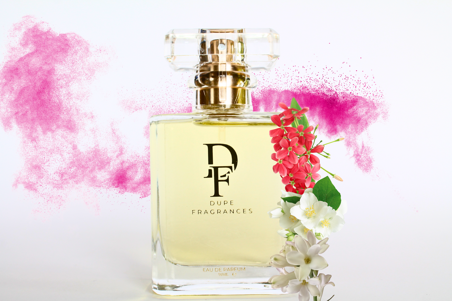 50ml dupe fragrances perfume Floral Reverie inspired by Gucci Bloom. Clear bottle with gold label on background of pink mist