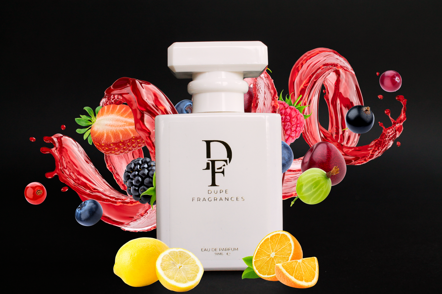 50ml Dupe Fragrances perfume London Bloom inspired by Burberry her by Burberry. White bottle with gold label on background of fruits