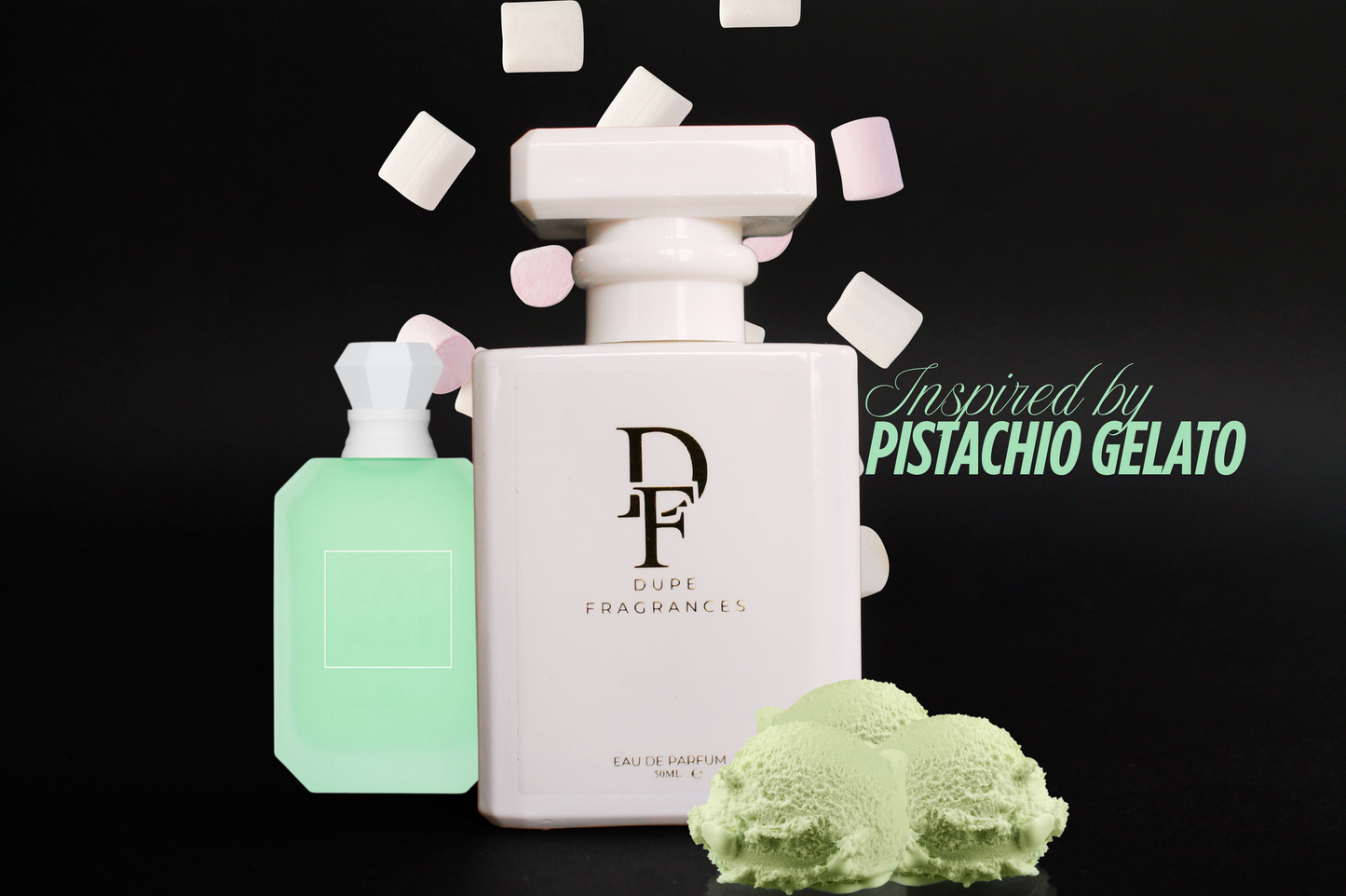 50ml dupe fragrances perfume Pistachio Dream inspired by Pistachio Gelato by Kayali. White bottle with gold label on background of white marshmallows and pistachio icecream