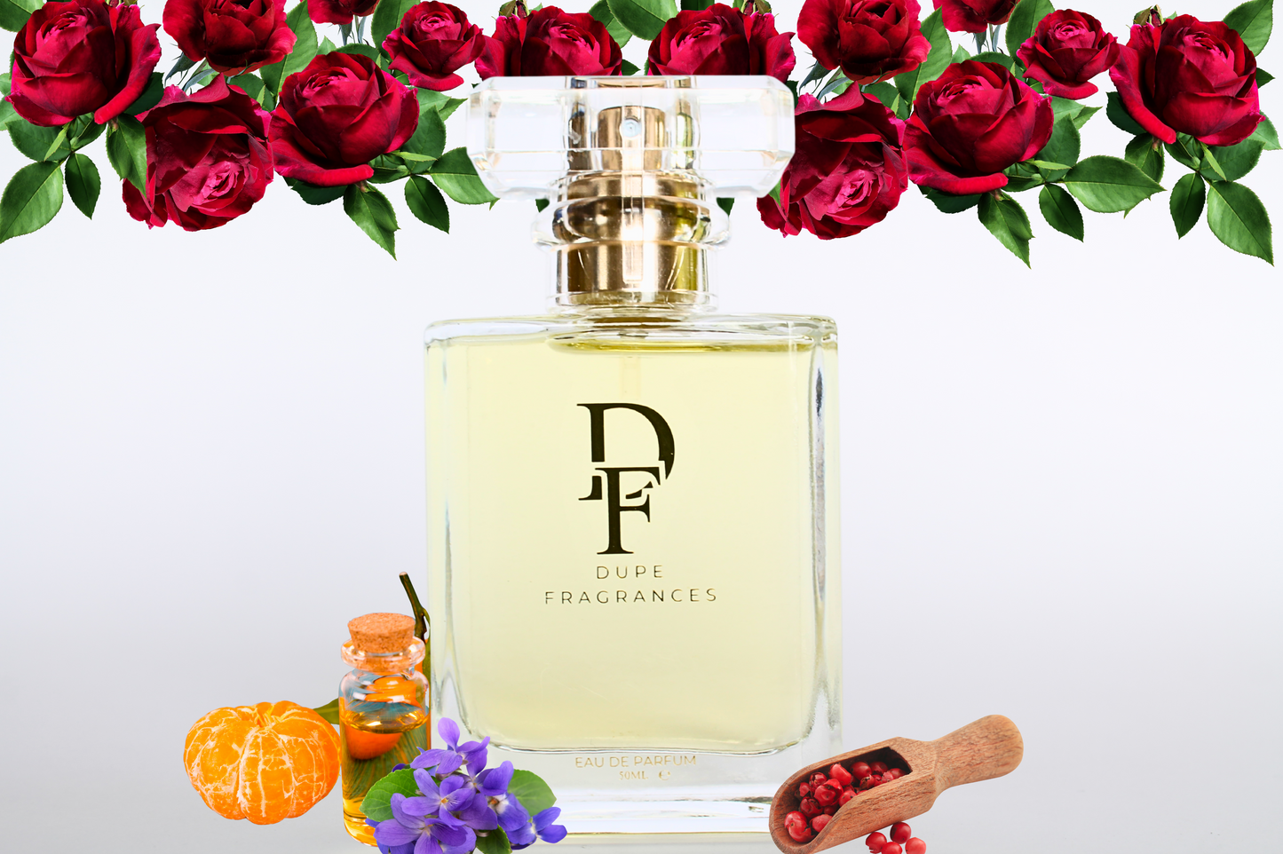 50ml dupe fragrances perfume Twilight Rose inspired by Midnight Romance by Ralph Lauren. Clear bottle with gold label on white background and red roses