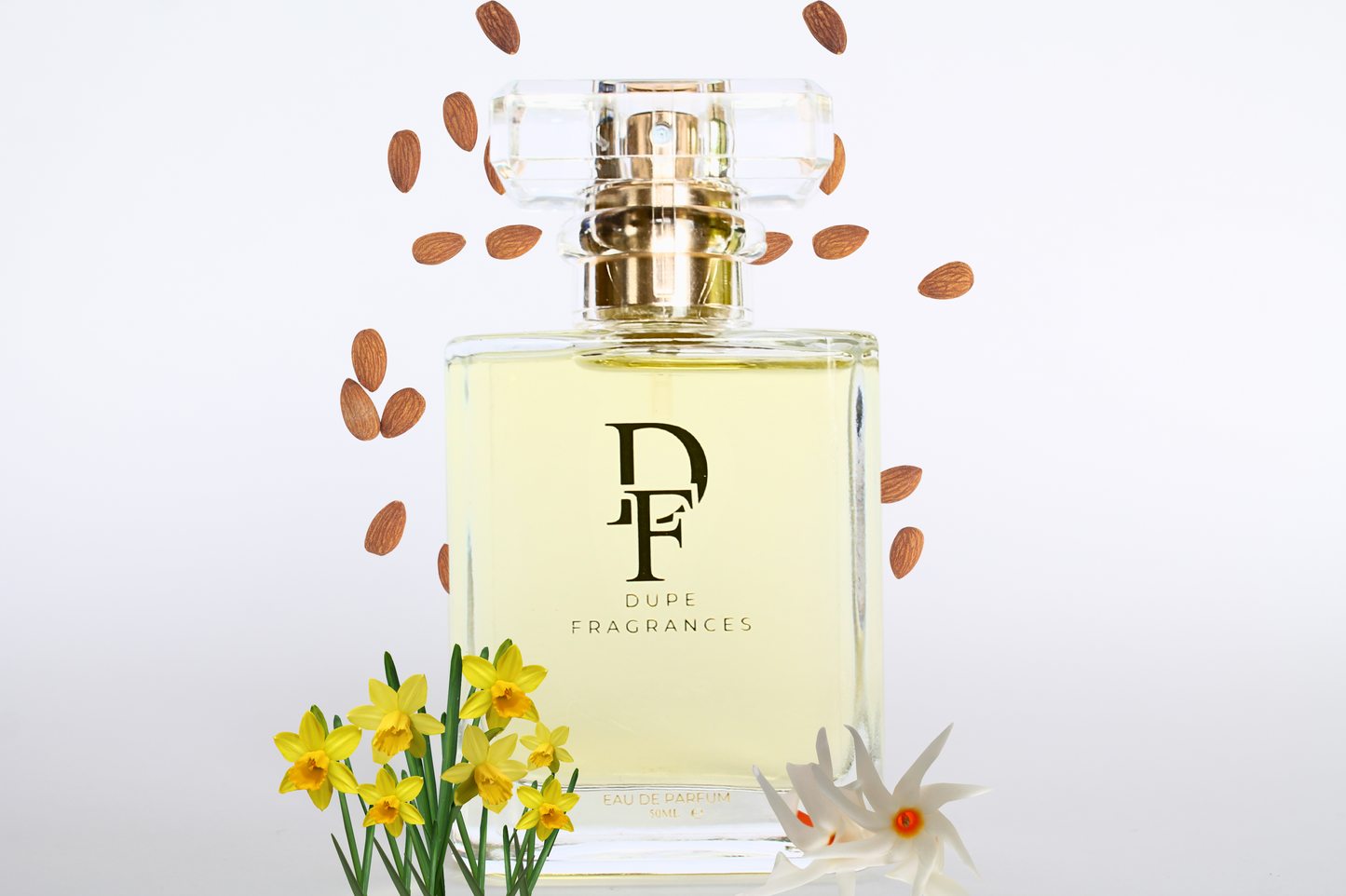 50ml dupe fragrances perfume golden bloom inspired by perfect intense by marc jacobs. Clear bottle with gold label on background of roasted almonds