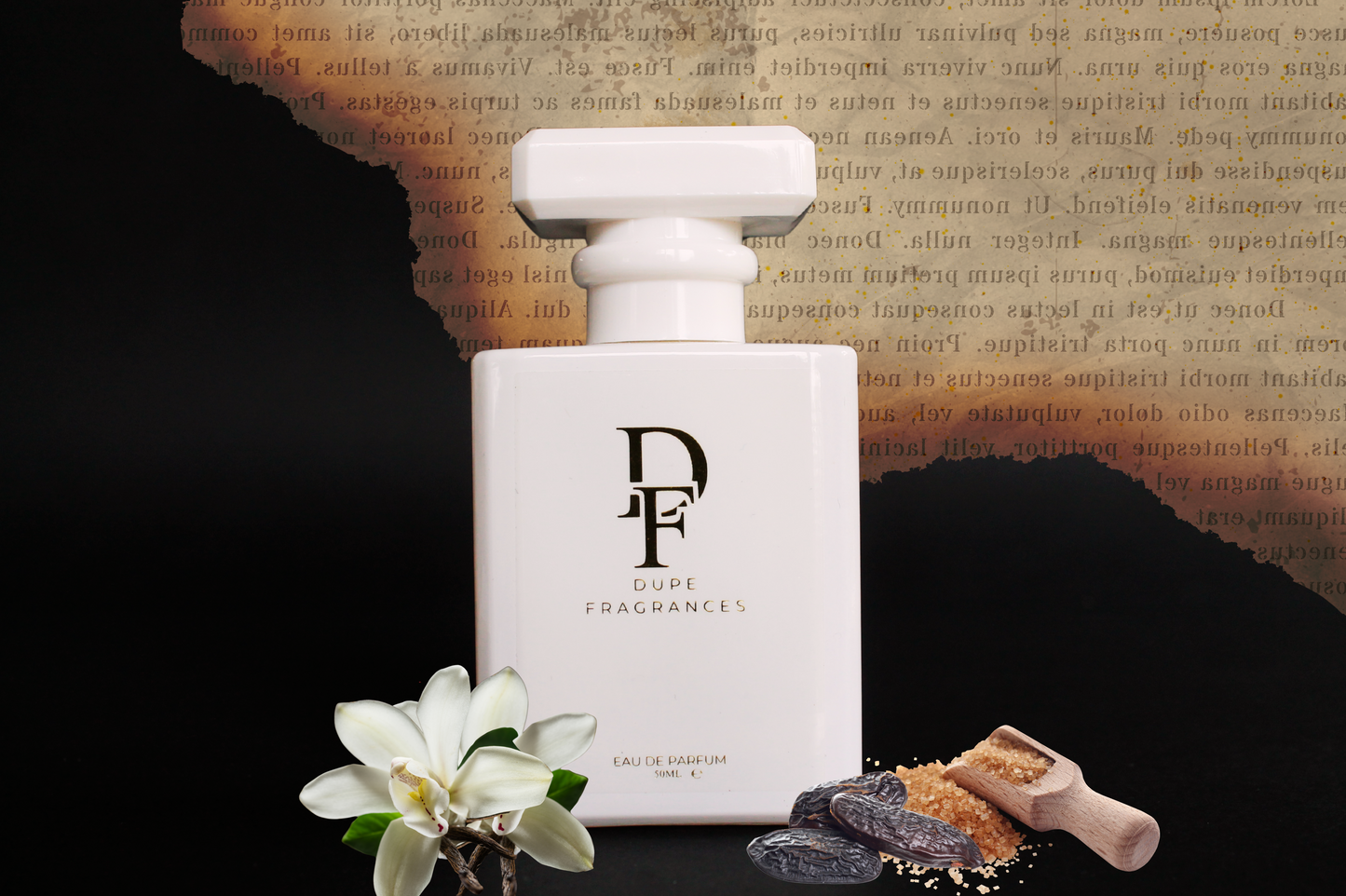 50ml dupe fragrances perfume Velvet Sugar inspired by Vanilla 28 by Kayali. White bottle with gold label on background of burnt paper