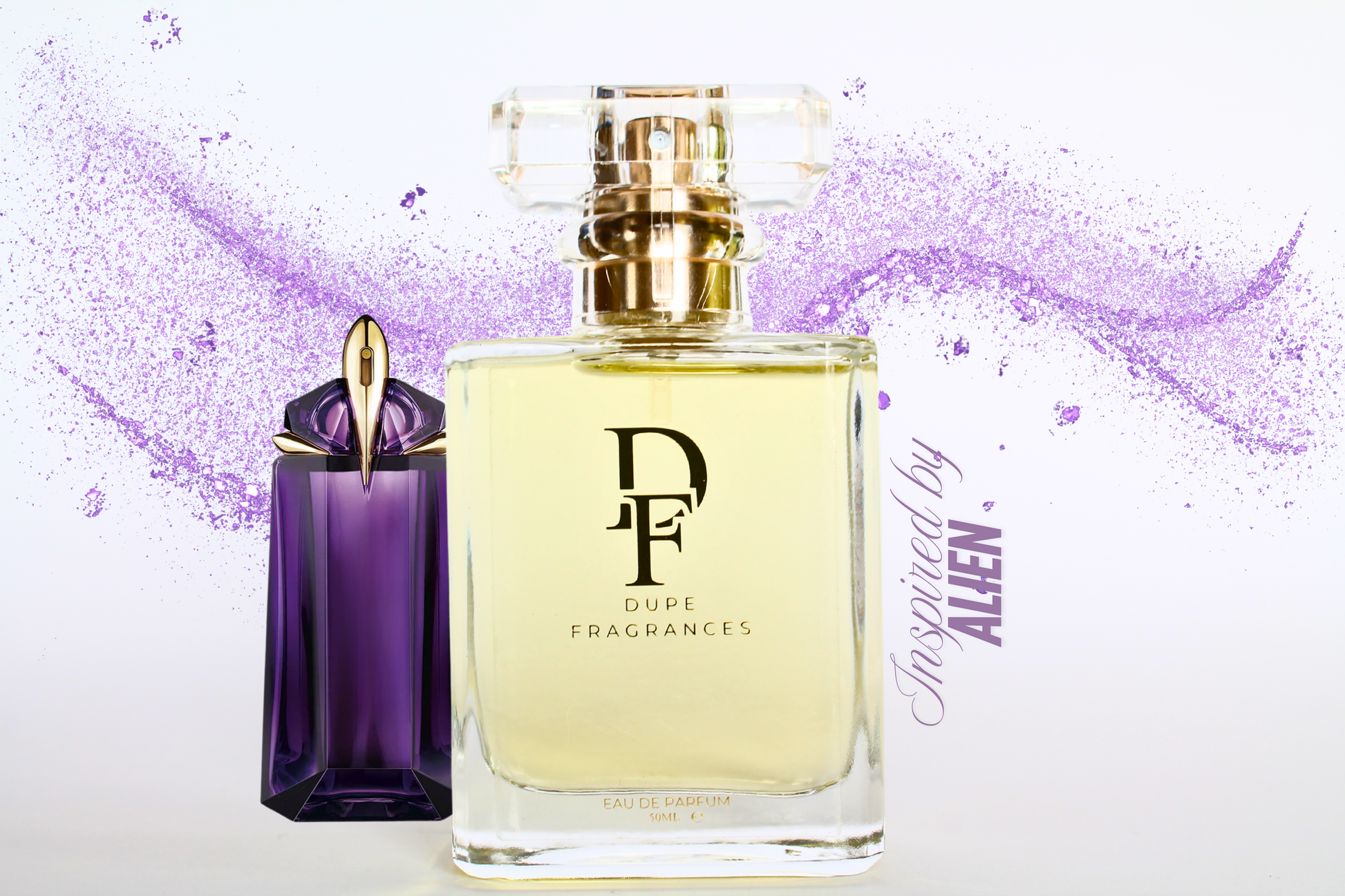50ml dupe fragrances perfume Cosmic Aura inspired by Alien by Thierry Mugler. Clear bottle gold label on background purple glitter