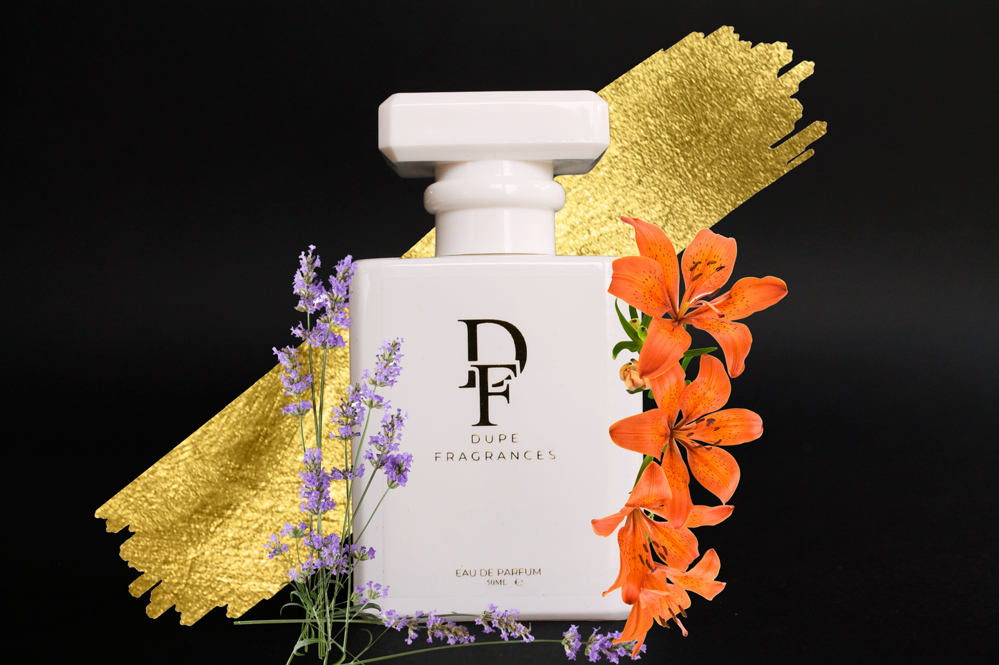 Amber Script (inspired by Libre by YSL) Perfume bottle with flowers on a light background DUPE FRAGRANCES BRANDING