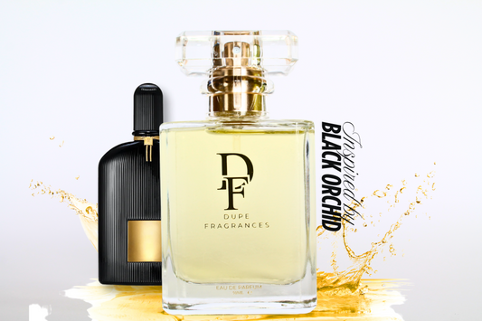 50ml dupe fragrance perfume Mystic Bloom inspired by Black Orchid by Tom Ford. Clear bottle gold label on gold water spray background