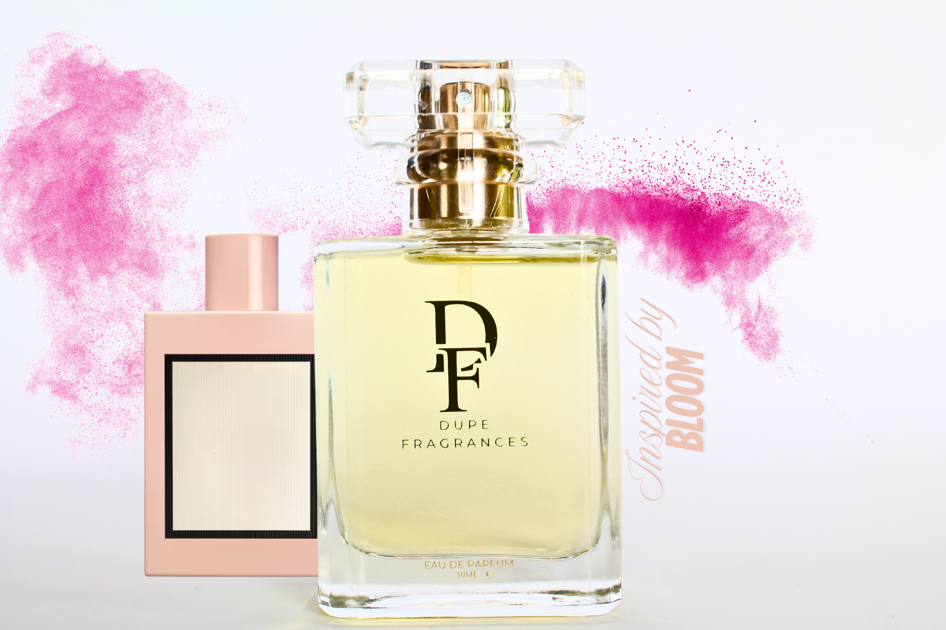 50ml dupe fragrances perfume Floral Reverie inspired by Gucci Bloom.  Clear bottle with gold label on background of pink mist
