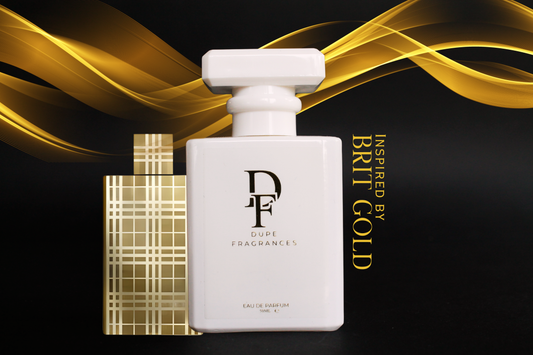 Brit Noir (inspired by Burberry Brit Gold) White perfume bottle with gold accents on a black background dupe fragrances branding