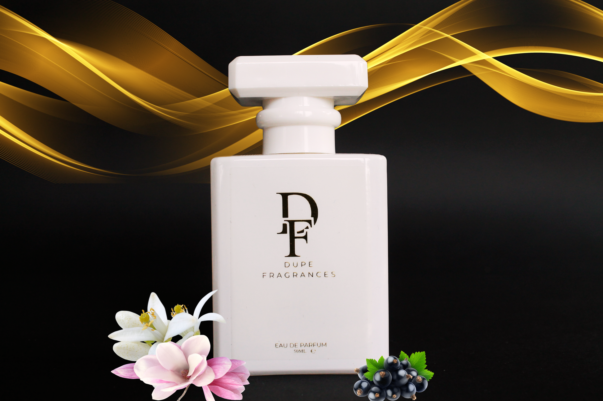 Brit Noir (inspired by Burberry Brit Gold) White perfume bottle with gold ribbons and flowers on a black background dupe fragrances branding