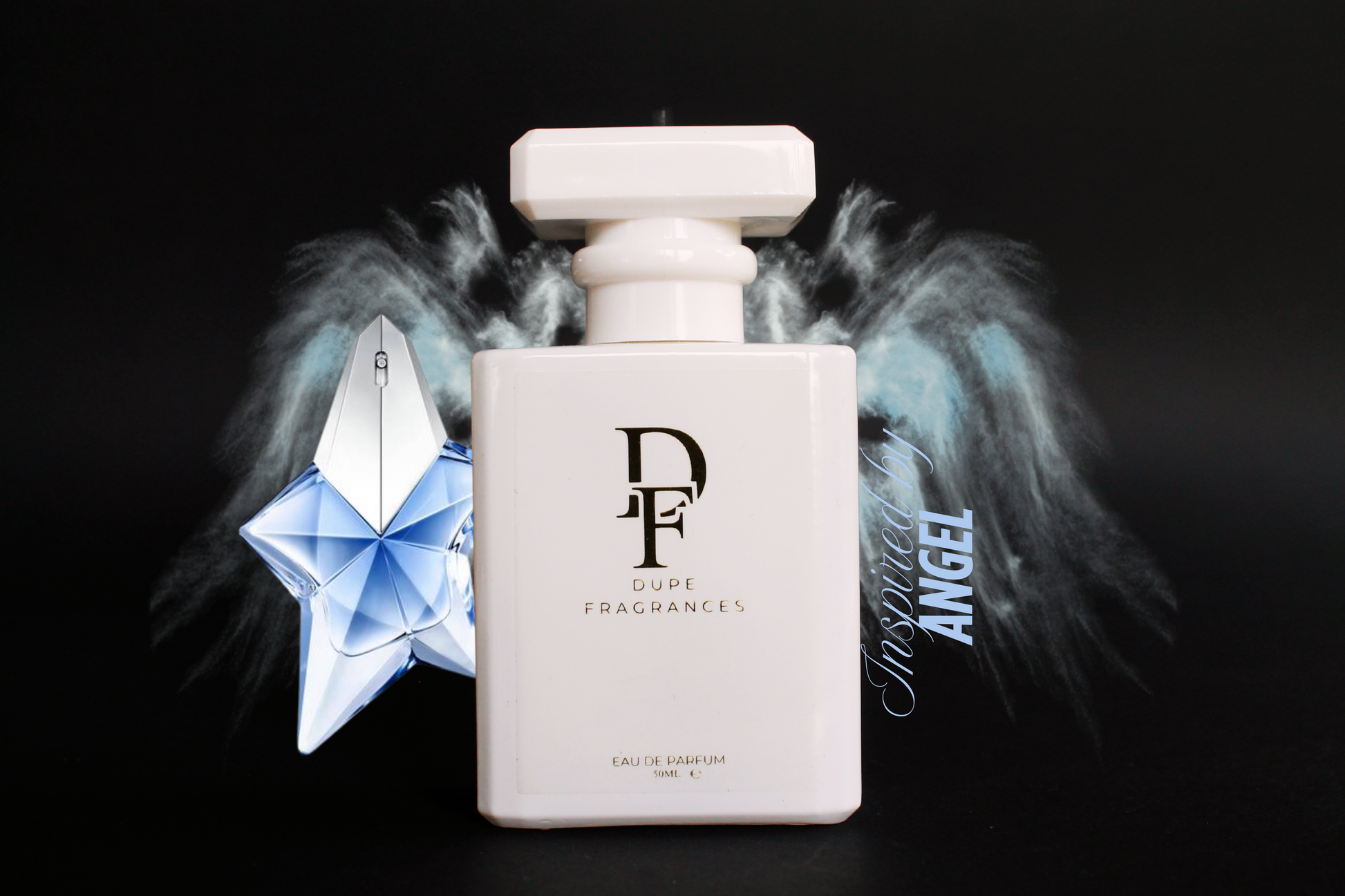 50ml dupe fragrances perfume Celestial Aura inspired by Angel by Thierry Mugler. White bottle gold label blue diamond and angel wings