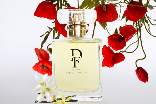 50ml Dupe Fragrances perfume Velour inspired by Allure by Chanel. Clear bottle on background with red poppies