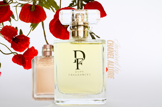 50ml Dupe Fragrances perfume Velour inspired by Allure by Chanel. Clear bottle on background with red poppies