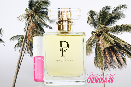 50ml dupe fragrances perfume Rio Bloom inspired by Cheirosa 48 by Sol de Janeiro. Clear bottle on a background of palms