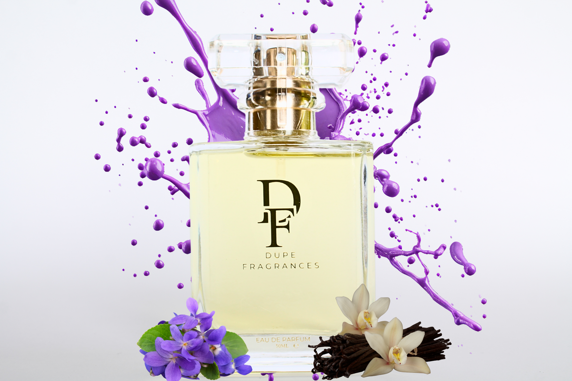 50ml dupe fragrances perfume Solar Drip inspired by Cheirosa 59 by Sol de Janeiro.  Clear bottle on background with purple splash