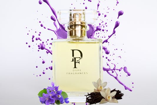 50ml dupe fragrances perfume Solar Drip inspired by Cheirosa 59 by Sol de Janeiro.  Clear bottle on background with purple splash
