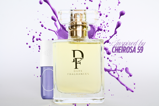 50ml dupe fragrances perfume Solar Drip inspired by Cheirosa 59 by Sol de Janeiro.  Clear bottle on background with purple splash